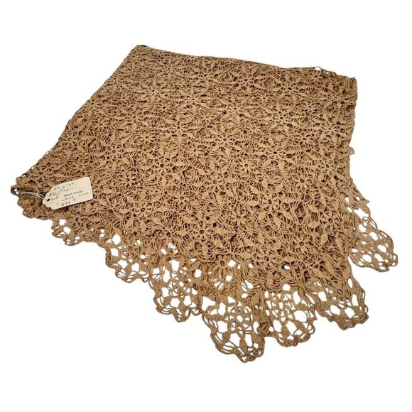 Vintage Handmade Intricate Lace Crocheted Tablecloth 60”x72” Tan Scalloped - Picture 1 of 11